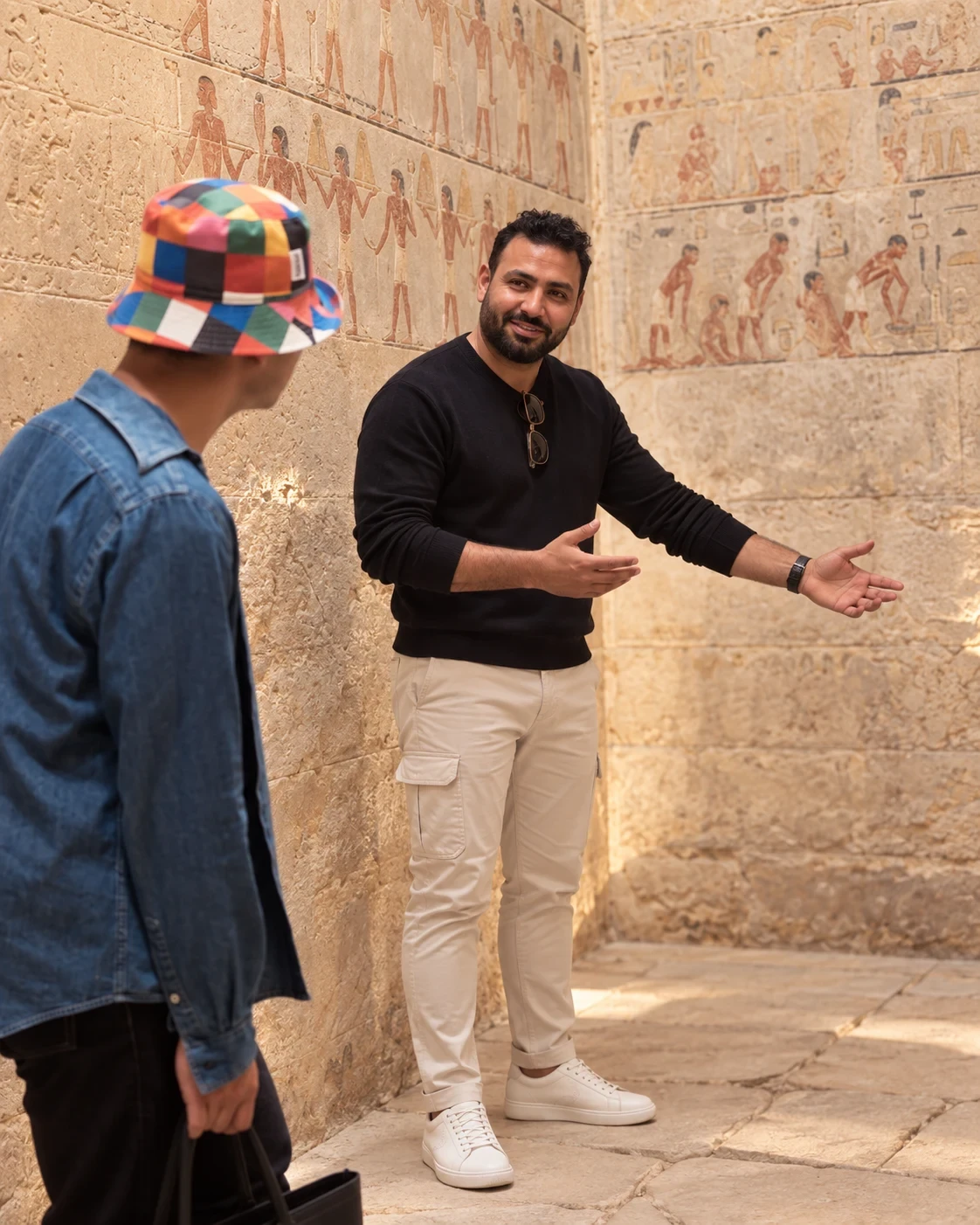 古代エジプトの壁画を前に旅行者へ解説する日本語ガイドのだいちゃん
